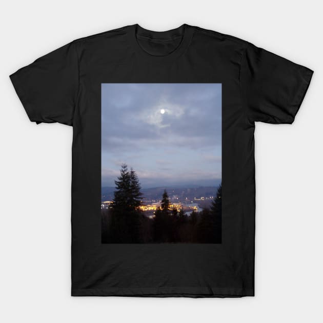 Misty Moon Over the Columbia River T-Shirt by DlmtleArt